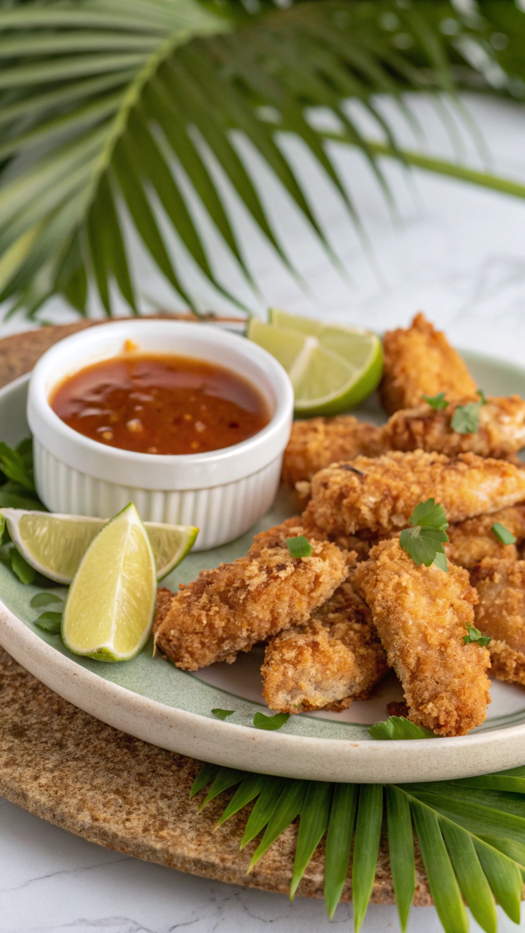 Crispy coconut chicken strips served with lime wedges and a sweet dipping sauce