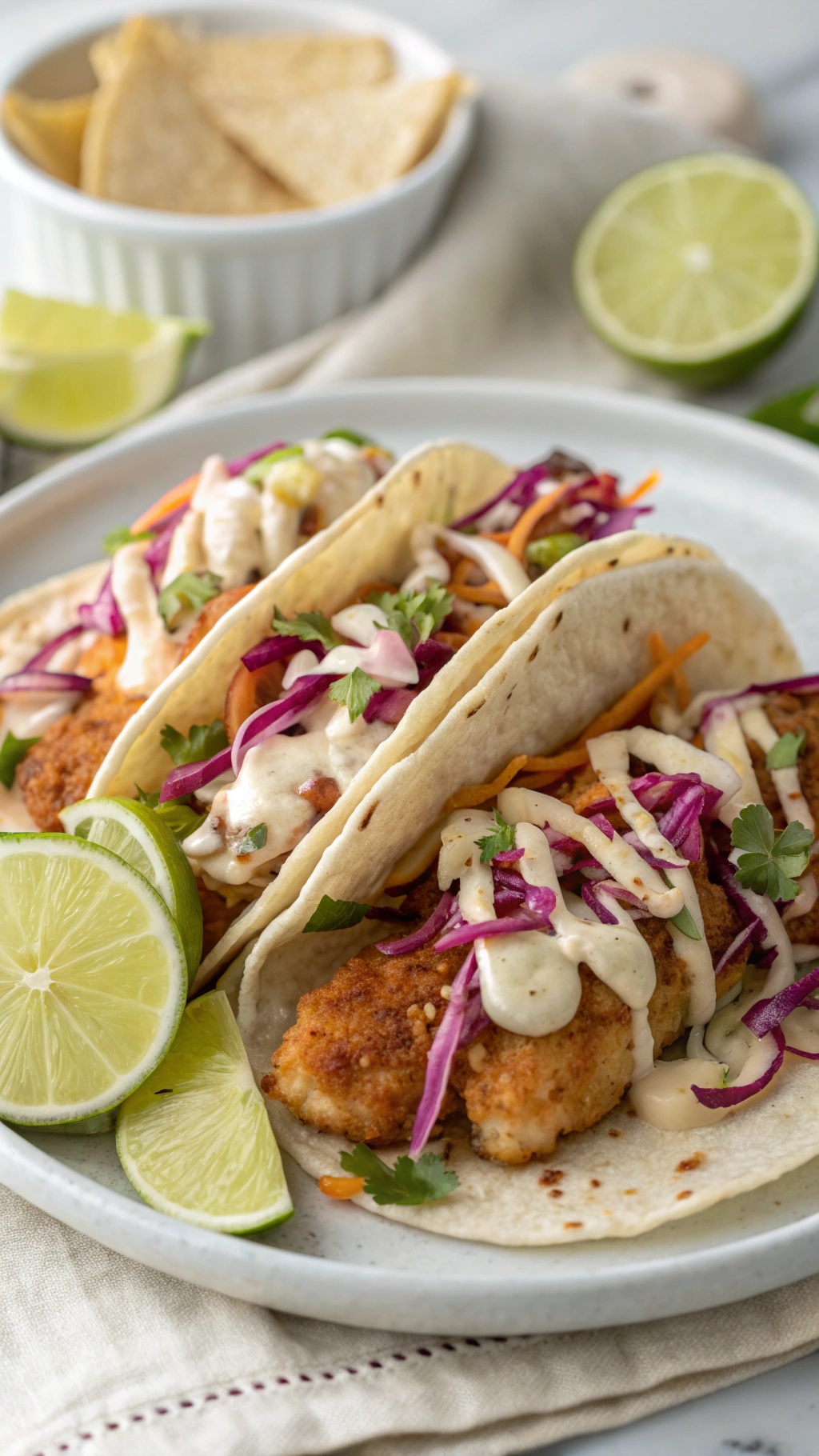 Crispy fish tacos with cabbage slaw, lime wedges, and a beach background.