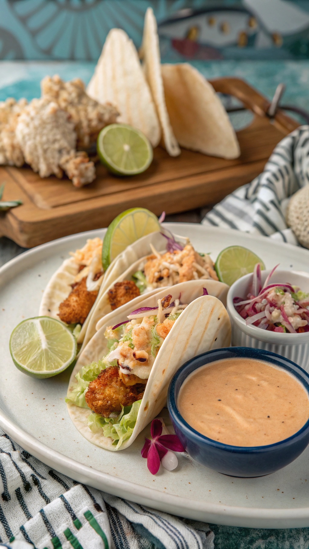 Crispy fish tacos with cabbage slaw served on a plate with lime wedges and dipping sauce.