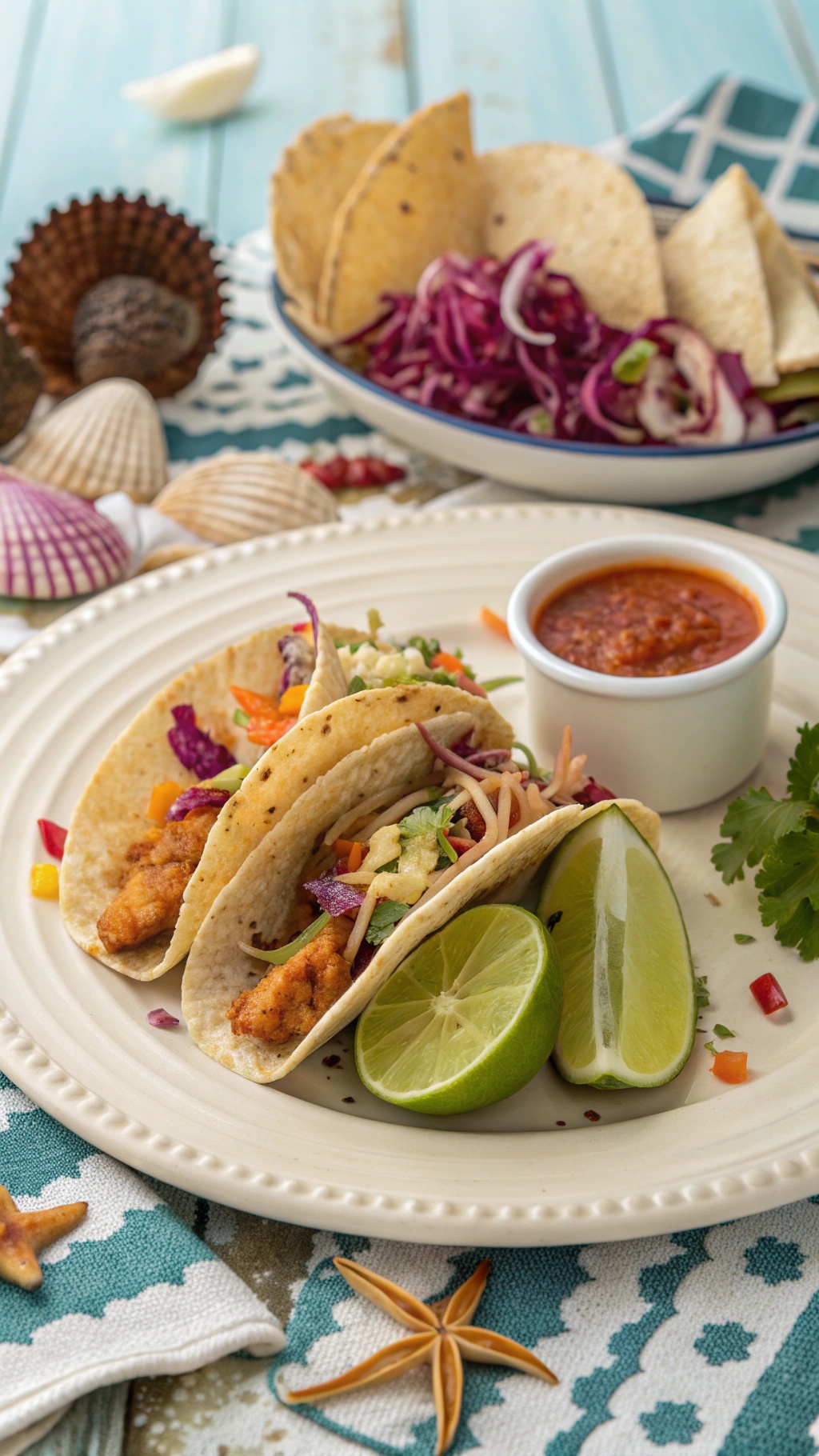 Crispy fish tacos with cabbage slaw, lime wedges, and salsa on a plate