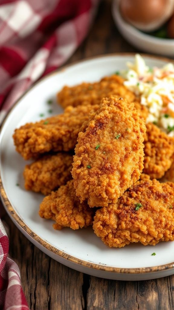 A plate of crispy keto fried chicken with coleslaw on the side.