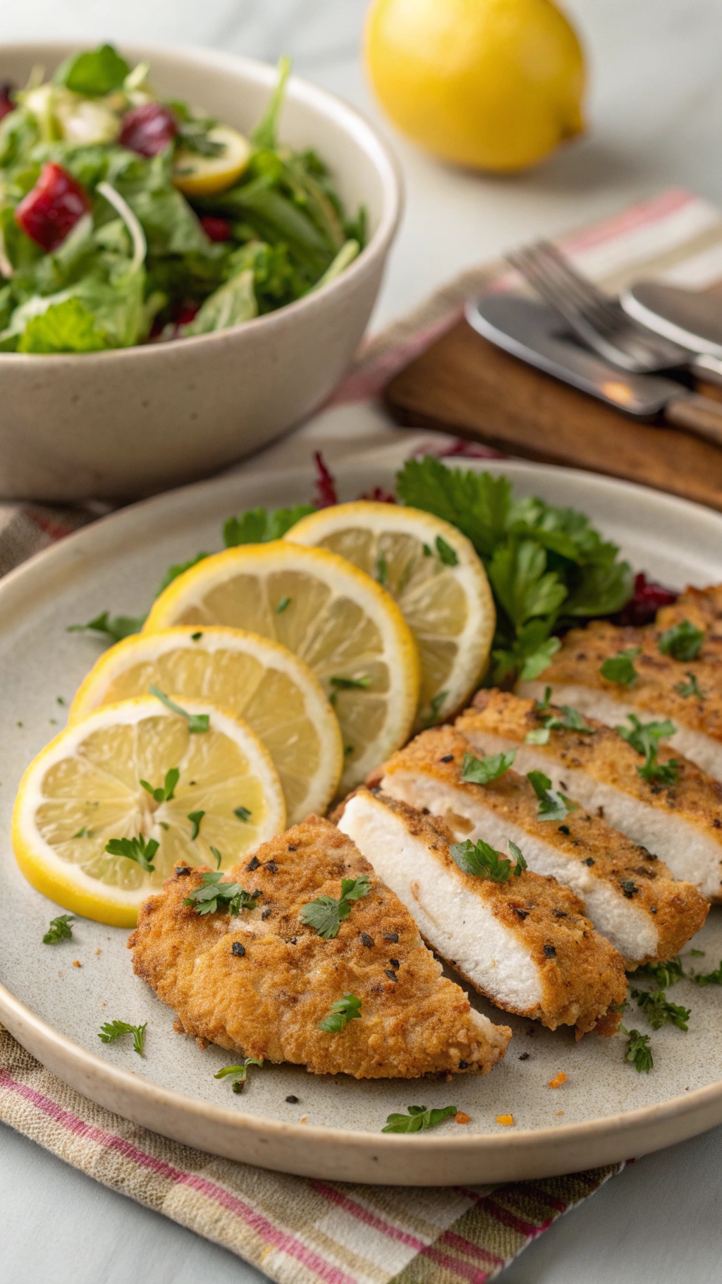 Crispy lemon pepper chicken served with lemon slices and a fresh salad