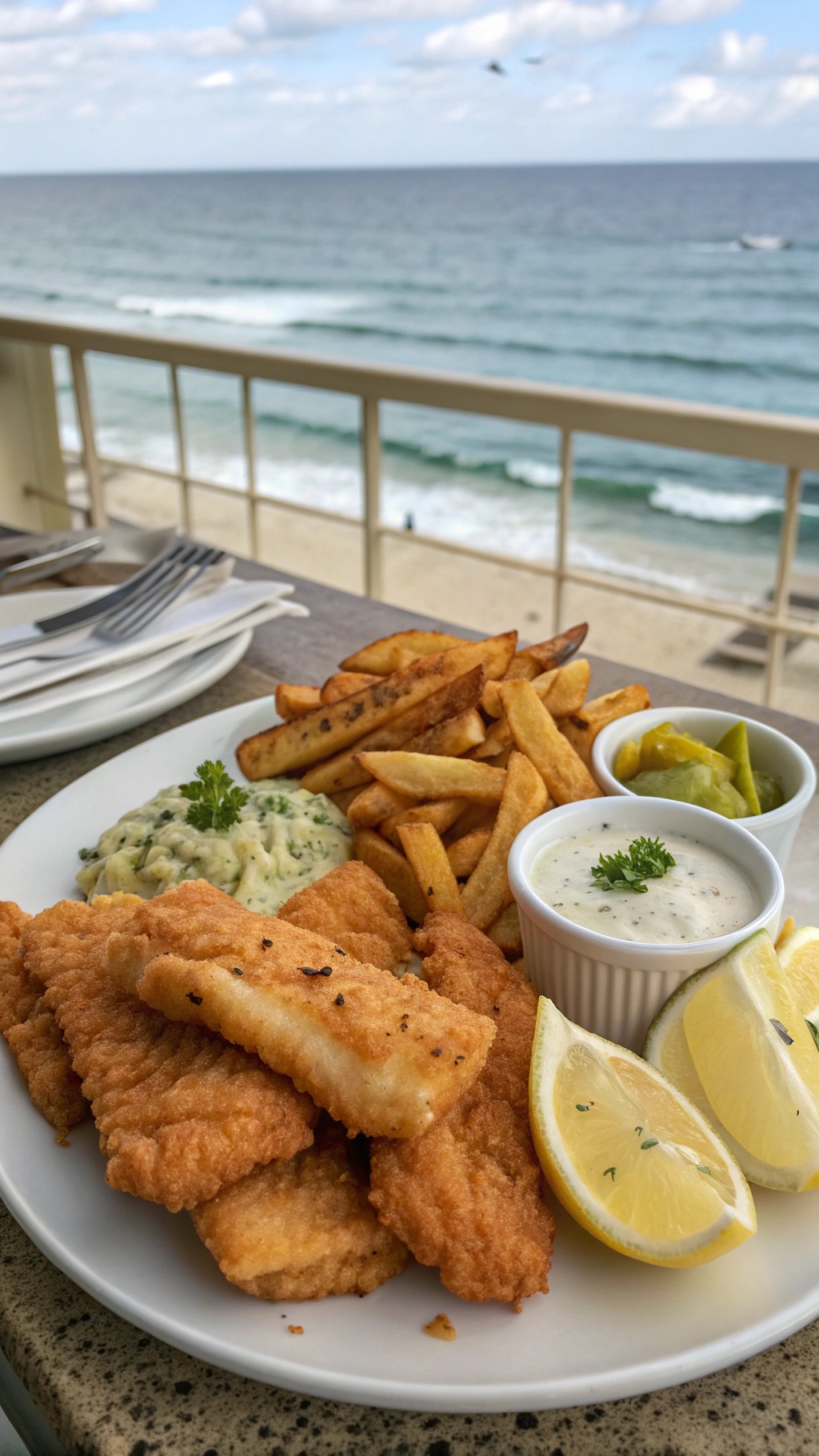 A plate of crispy fish fillets with low carb fries, lemon wedges, and dipping sauce.