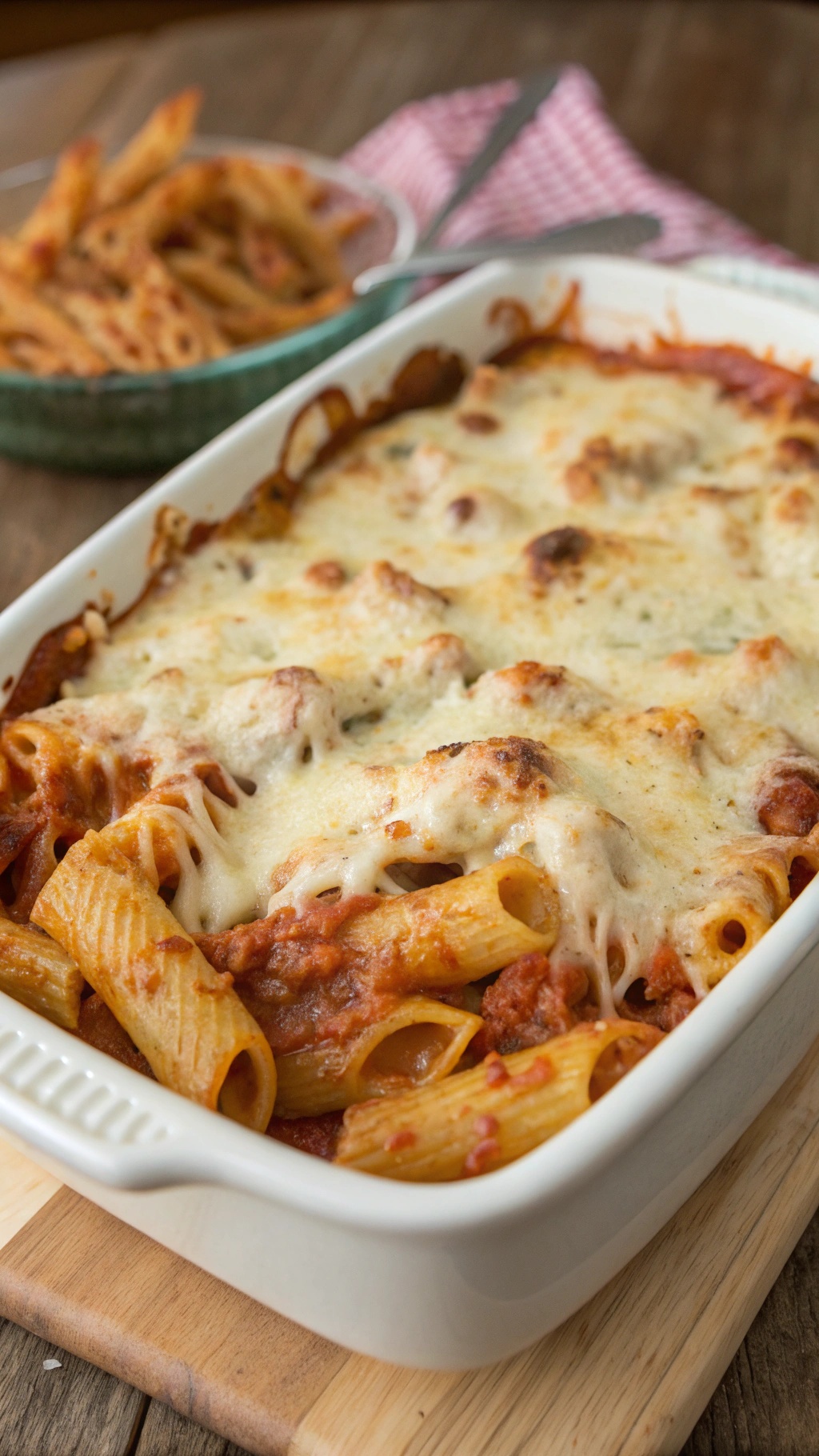 A delicious dish of crispy one-pot baked ziti with melted cheese on top.