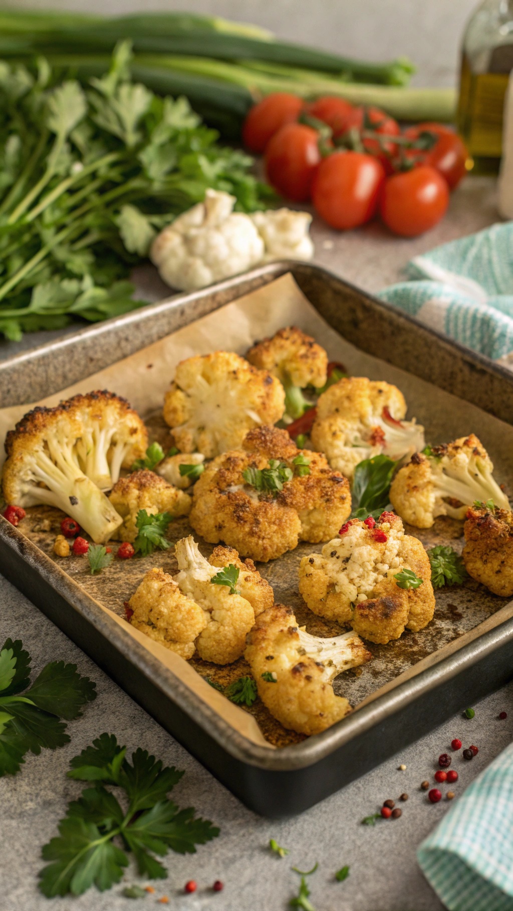 Crispy oven-roasted cauliflower on a baking sheet with fresh vegetables in the background.