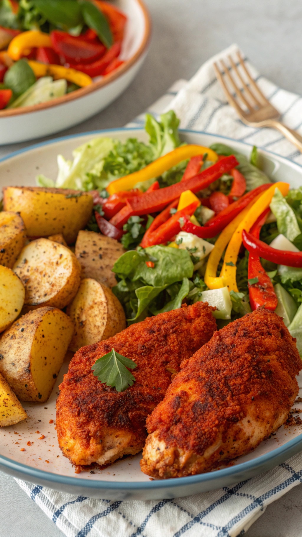 Crispy Paprika Baked Chicken served with roasted potatoes and a fresh salad