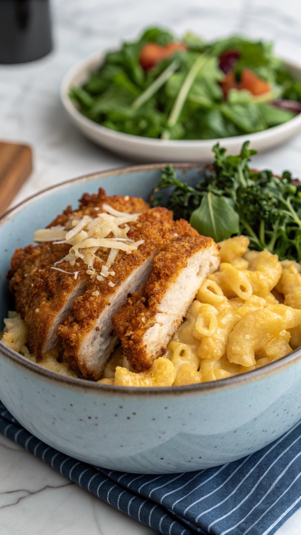 A bowl of crispy parmesan chicken served over creamy keto mac and cheese, with a side salad.