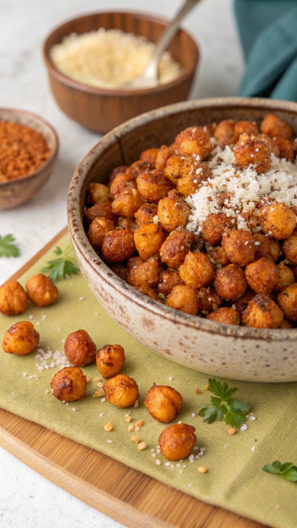 Bowl of crispy Parmesan roasted chickpeas with spices and herbs