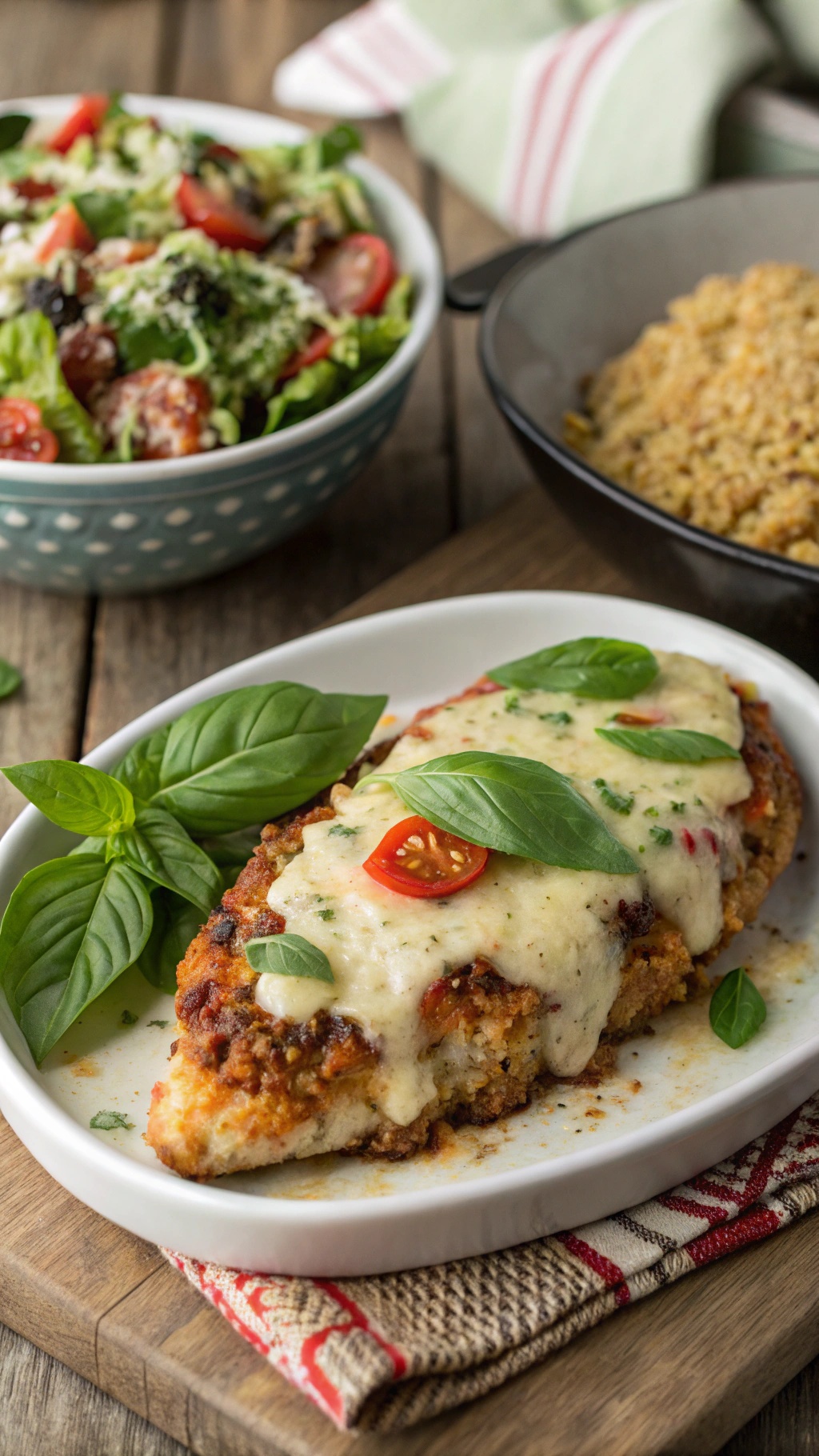 Crispy Pesto Baked Chicken served with salad and grains