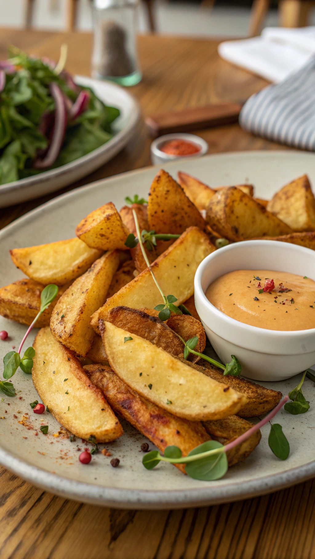A plate of crispy potato wedges served with a dipping sauce and garnished with fresh herbs.