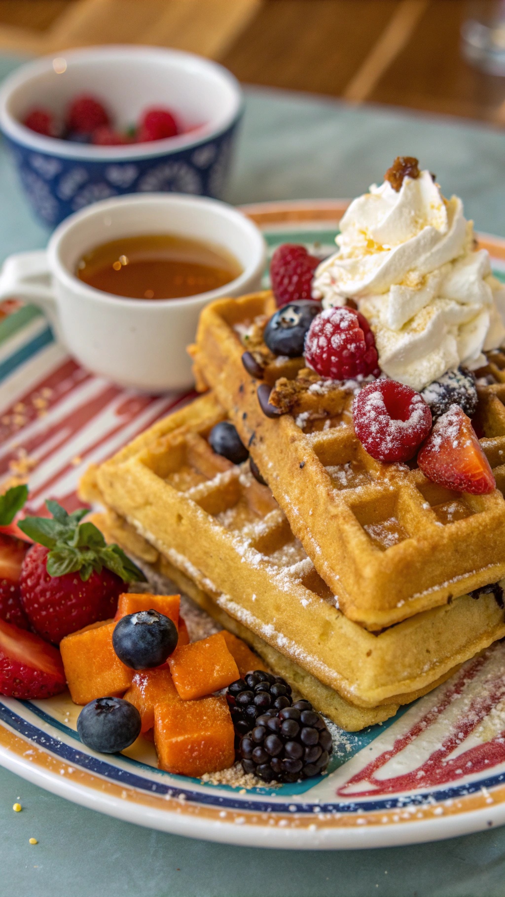 Crispy pumpkin waffles topped with whipped cream and fresh berries on a colorful plate.