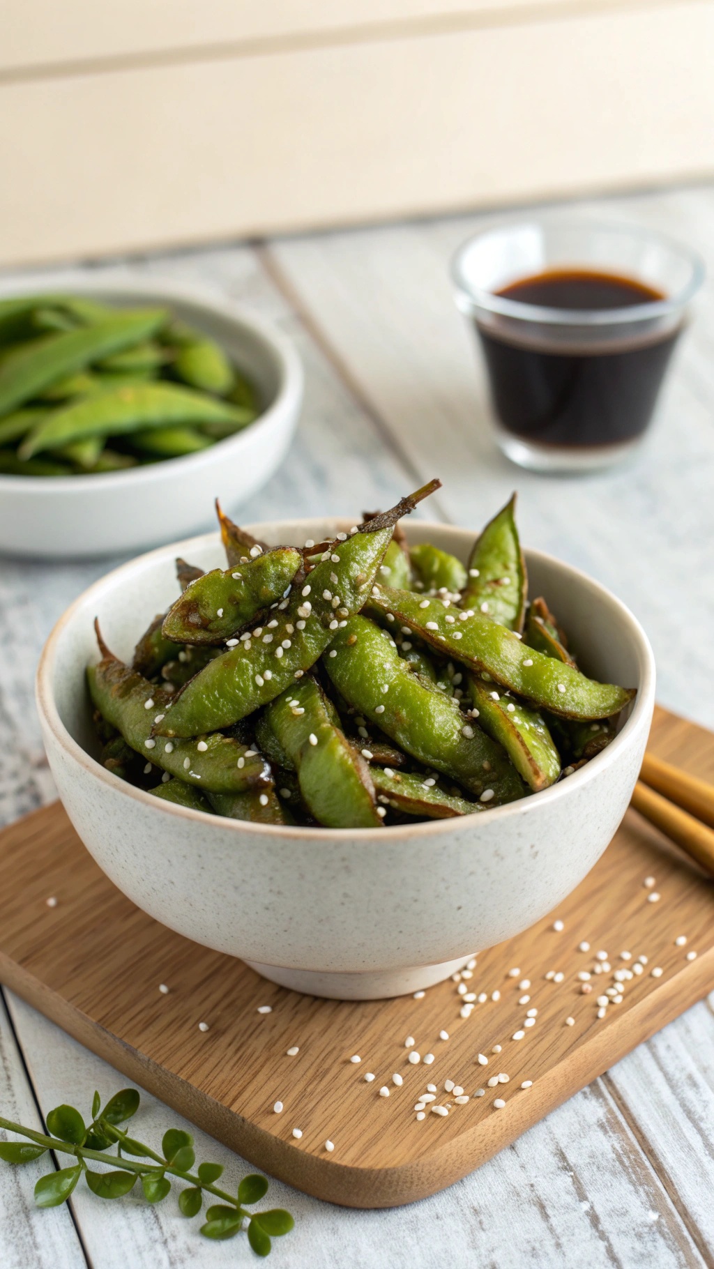 A bowl of crispy roasted edamame topped with sesame seeds, with a side of fresh edamame and soy sauce.