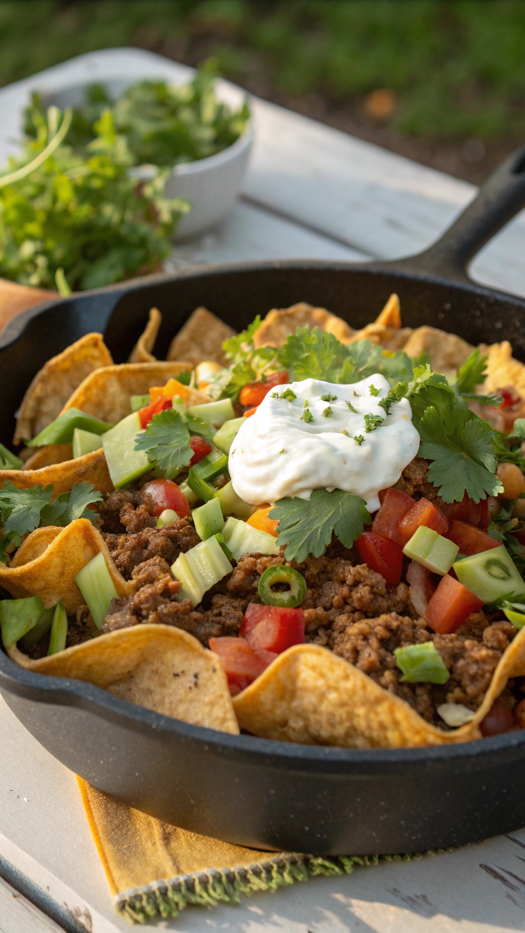 A skillet filled with crispy tortilla chips, seasoned ground beef, diced tomatoes, cucumbers, and topped with sour cream and cilantro.