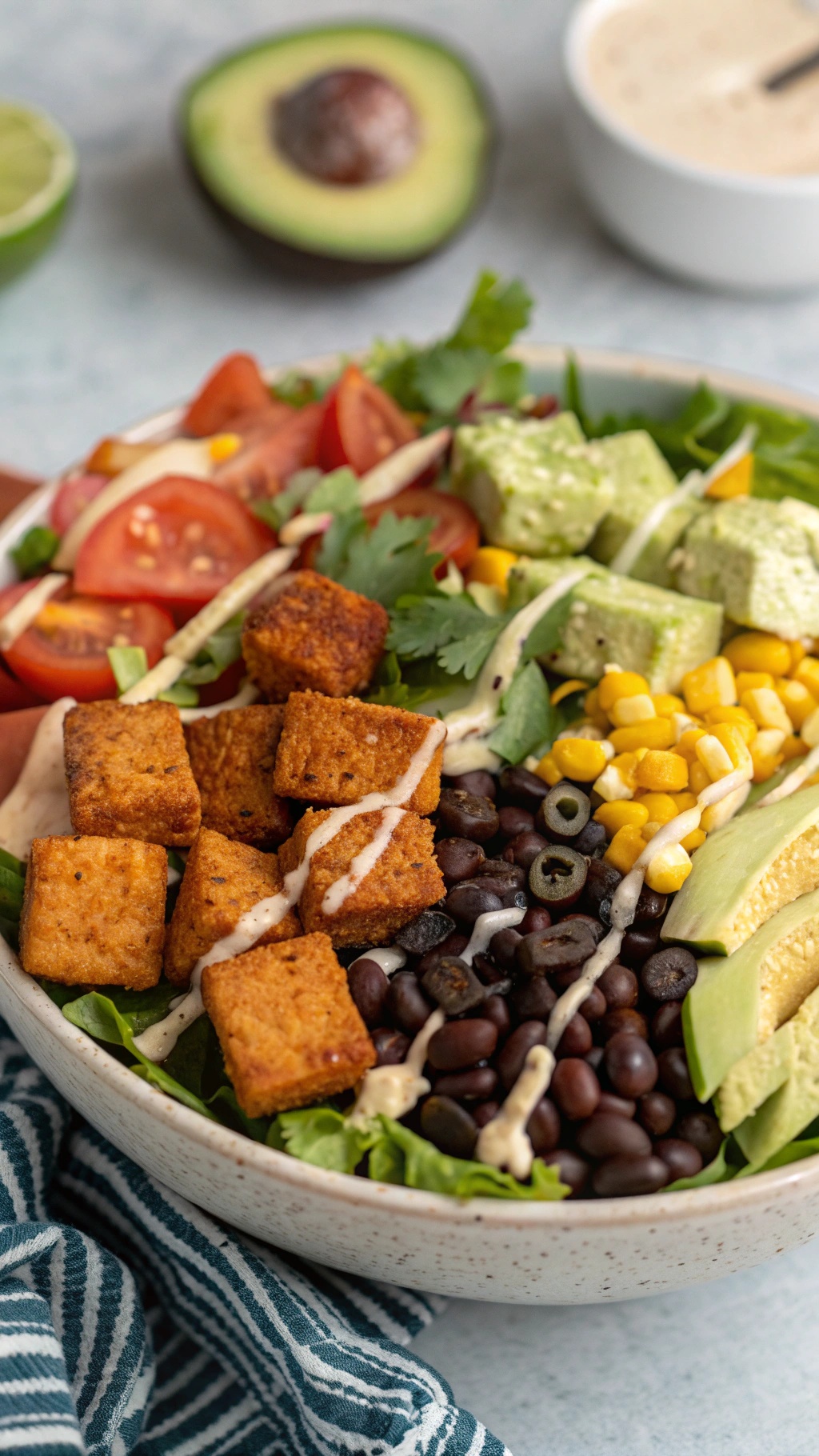 A vibrant crispy tofu taco salad with mixed greens, black beans, corn, cherry tomatoes, and avocado, topped with a creamy dressing.