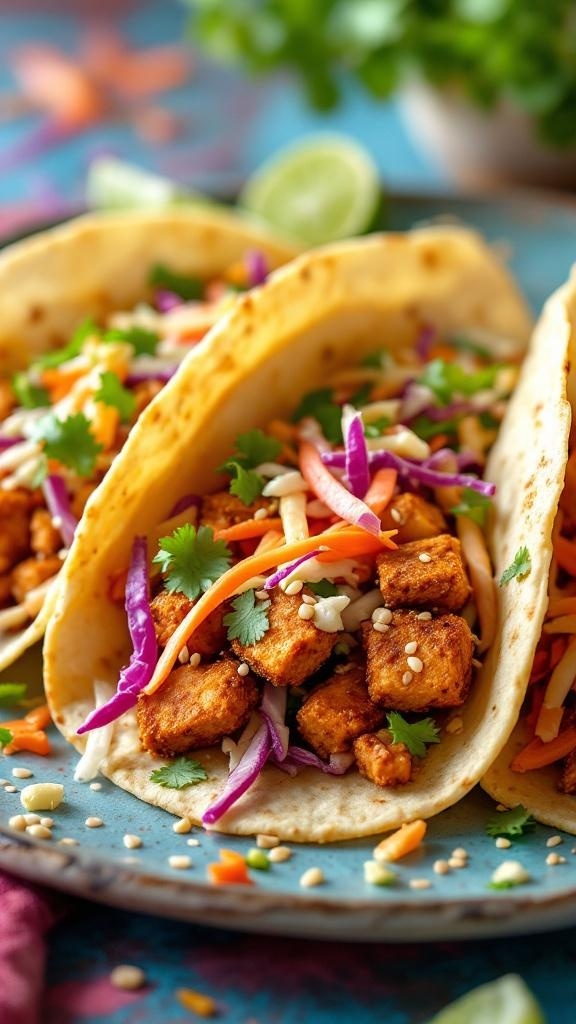 Crispy tofu tacos filled with colorful slaw and garnished with cilantro and sesame seeds.