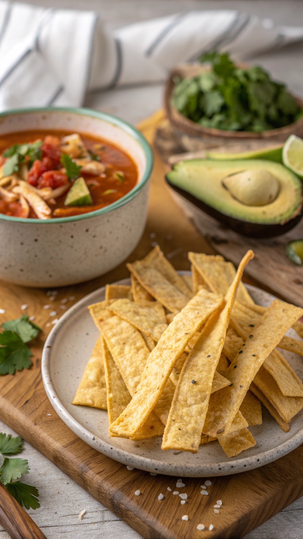 A plate of crispy tortilla strips next to a bowl of chicken tortilla soup with avocado and cilantro.