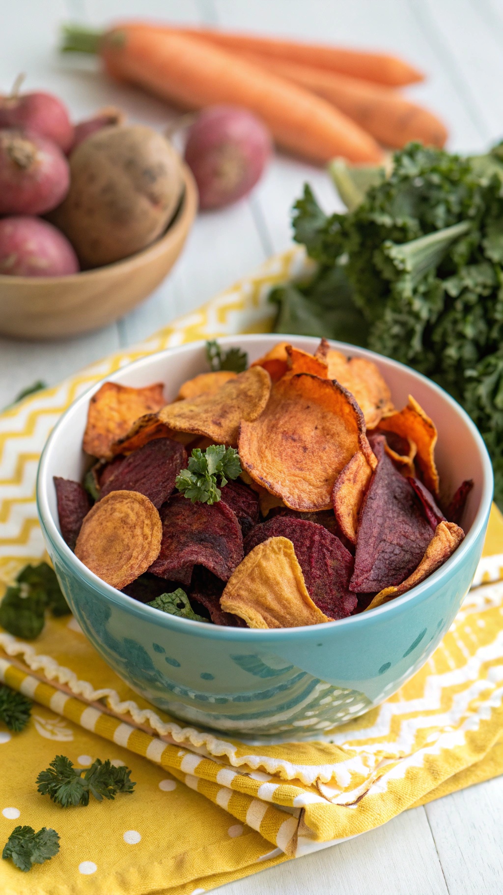 A colorful bowl of crispy veggie chips made from sweet potatoes, beets, and carrots, garnished with fresh herbs.