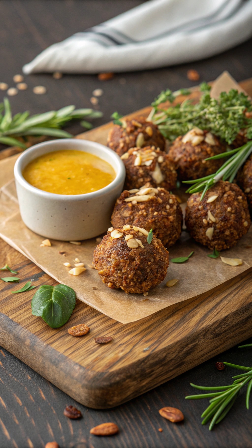 Crunchy almond-crusted meatballs served with a dipping sauce on a wooden board.