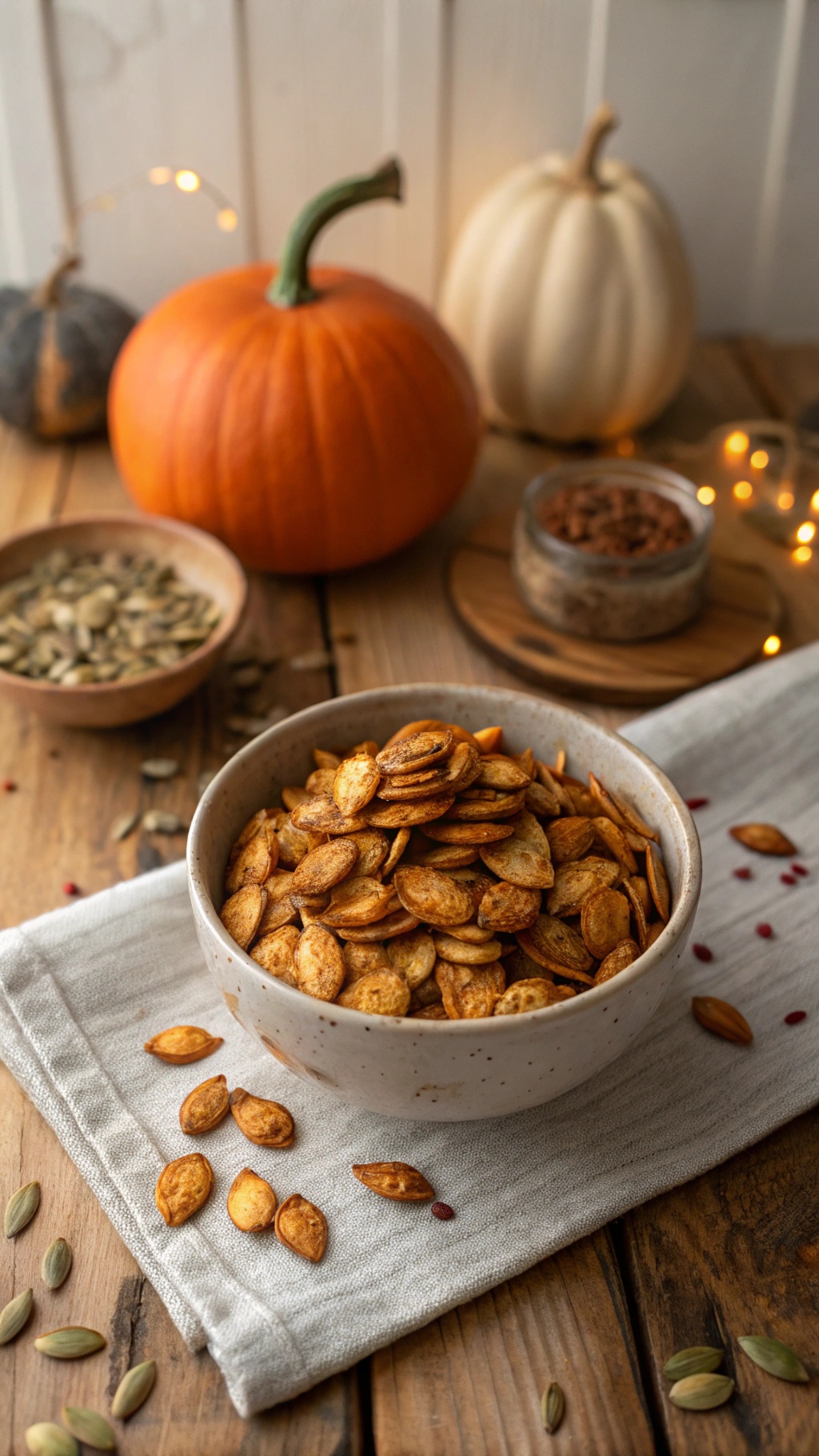 A bowl of spicy roasted pumpkin seeds surrounded by pumpkins and raw seeds on a wooden table.