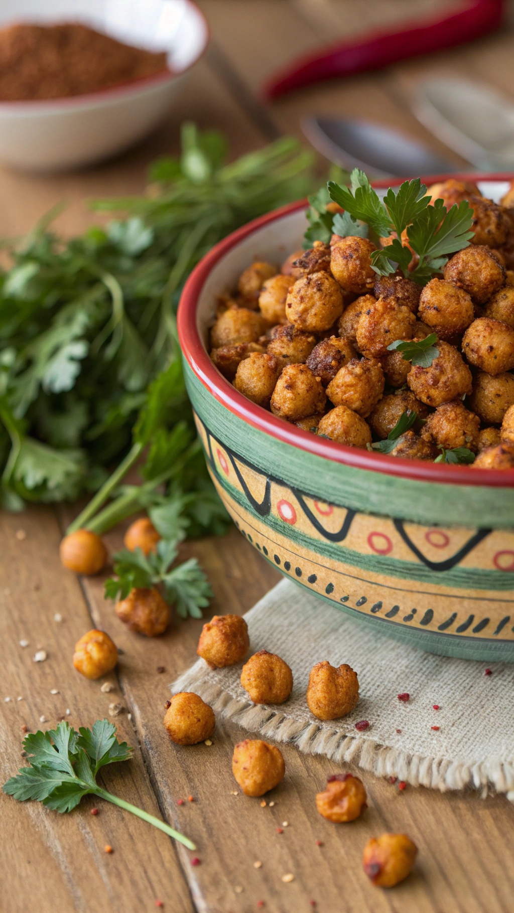Bowl of roasted chickpeas garnished with herbs on a wooden table