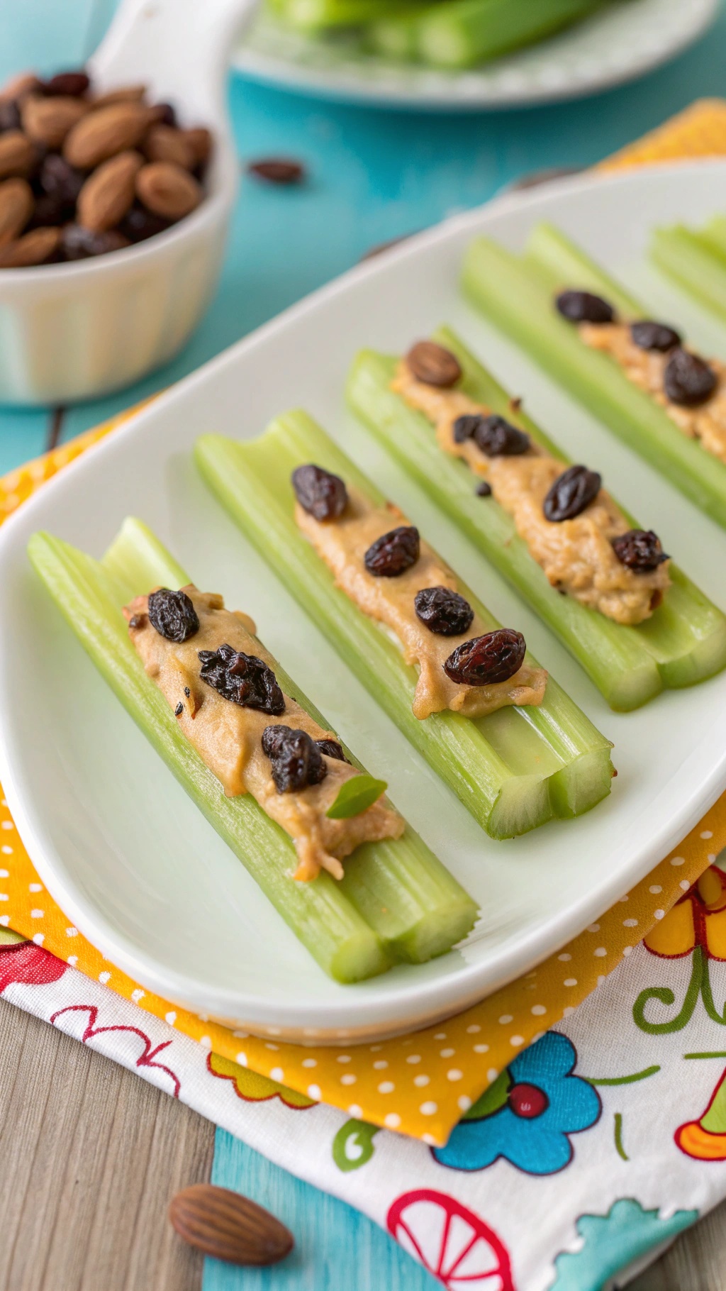 Plate of celery sticks filled with peanut butter and topped with raisins, resembling ants on a log.