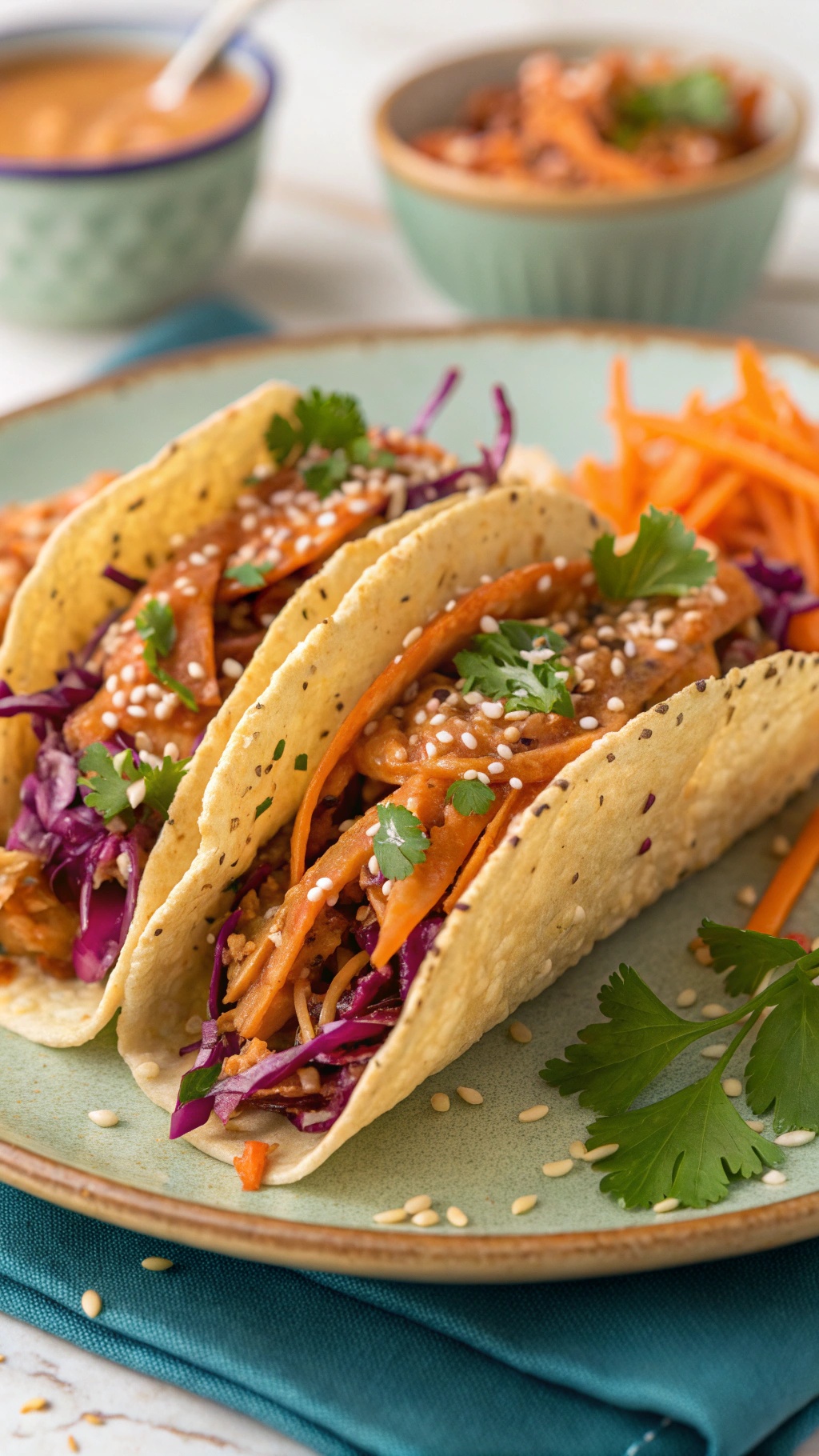 Crunchy cabbage and carrot slaw tacos served on a plate with sesame seeds and cilantro.