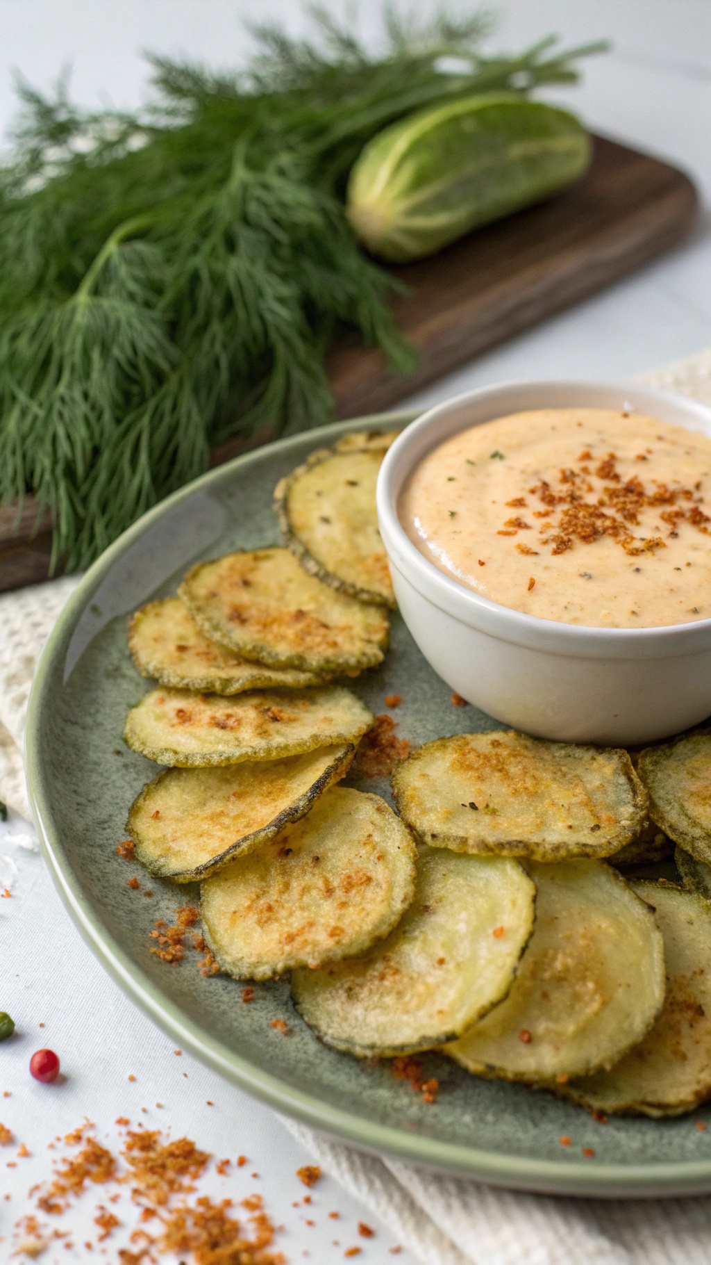 Plate of crunchy dill pickle chips with a dipping sauce and fresh dill.