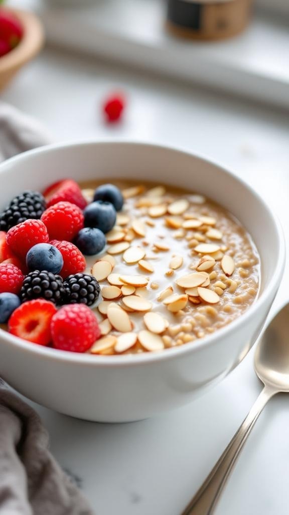 A bowl of crunchy keto flaxseed porridge topped with fresh berries and almond slices.