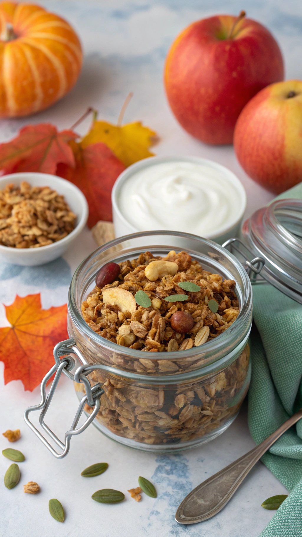 A jar of crunchy pumpkin granola surrounded by apples and autumn leaves.