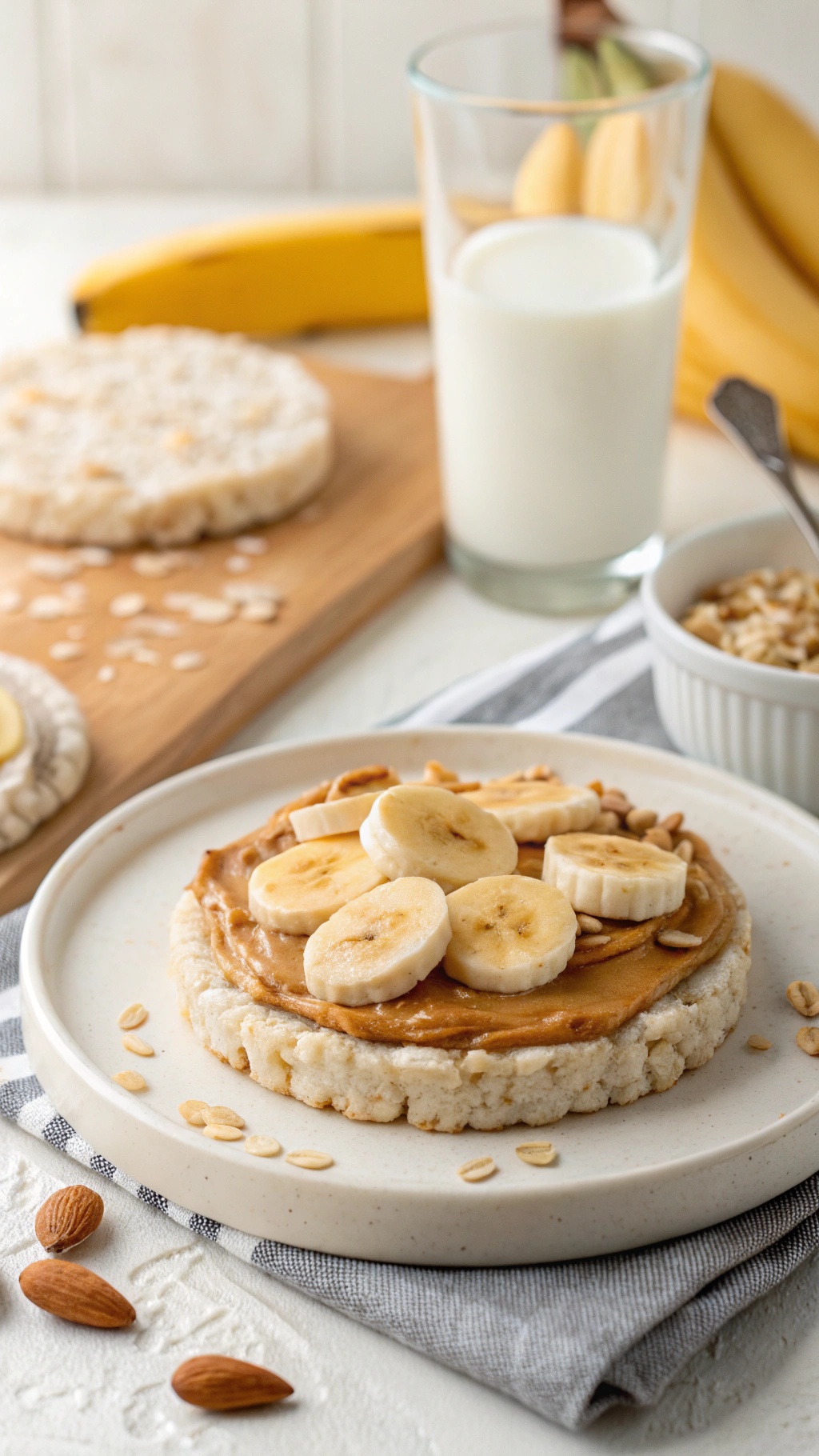 A rice cake topped with nut butter and banana slices, served with a glass of milk and almonds.