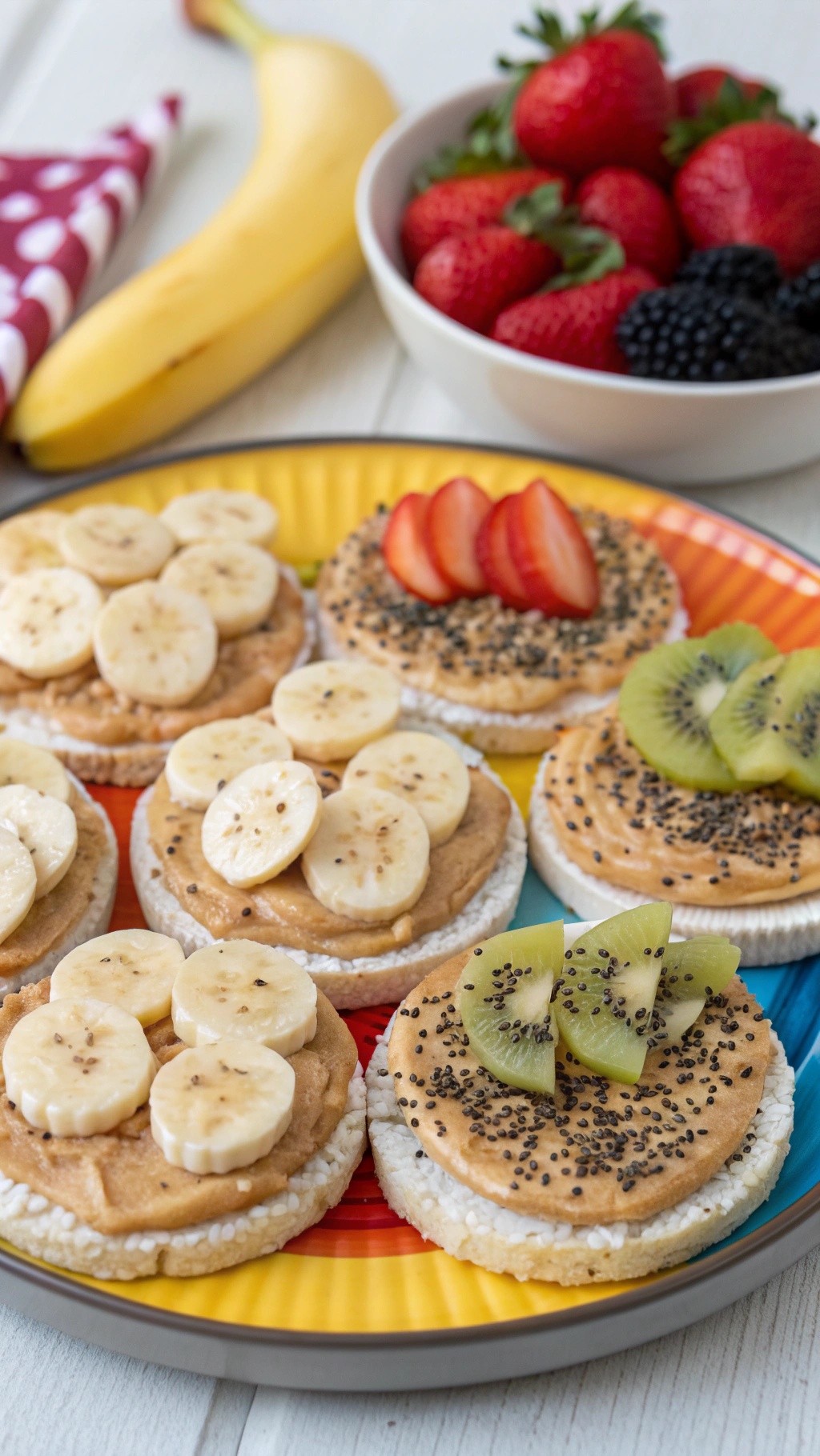 A colorful plate of rice cakes topped with banana slices, strawberries, kiwi, and chia seeds.