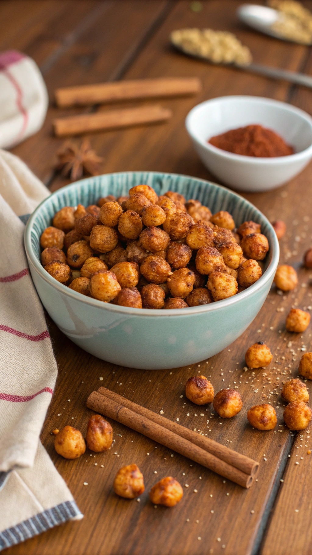 A bowl of crunchy roasted chickpeas surrounded by spices and cinnamon sticks on a wooden table.