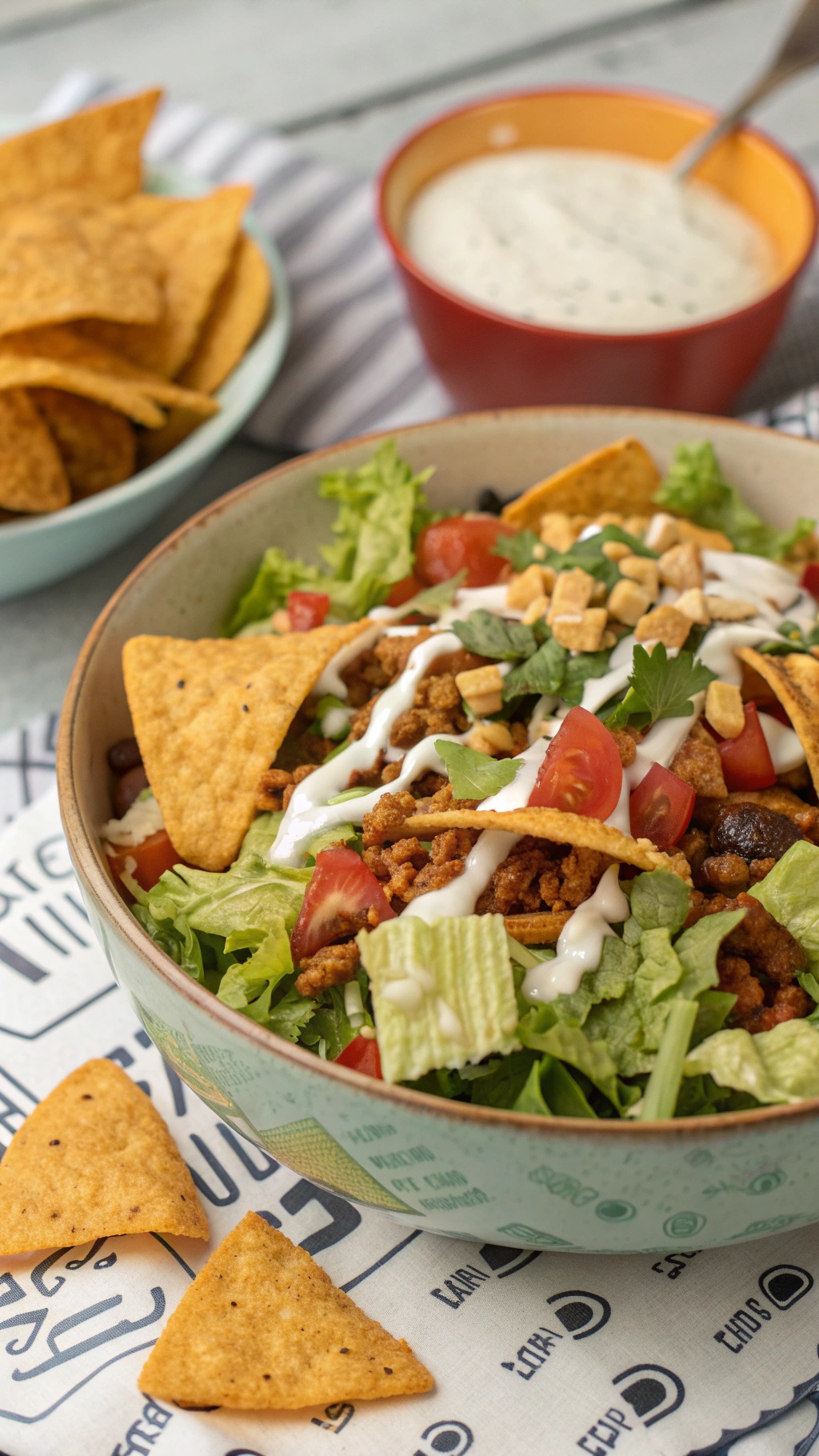 A colorful taco salad with tortilla chips, lettuce, tomatoes, and dressing.