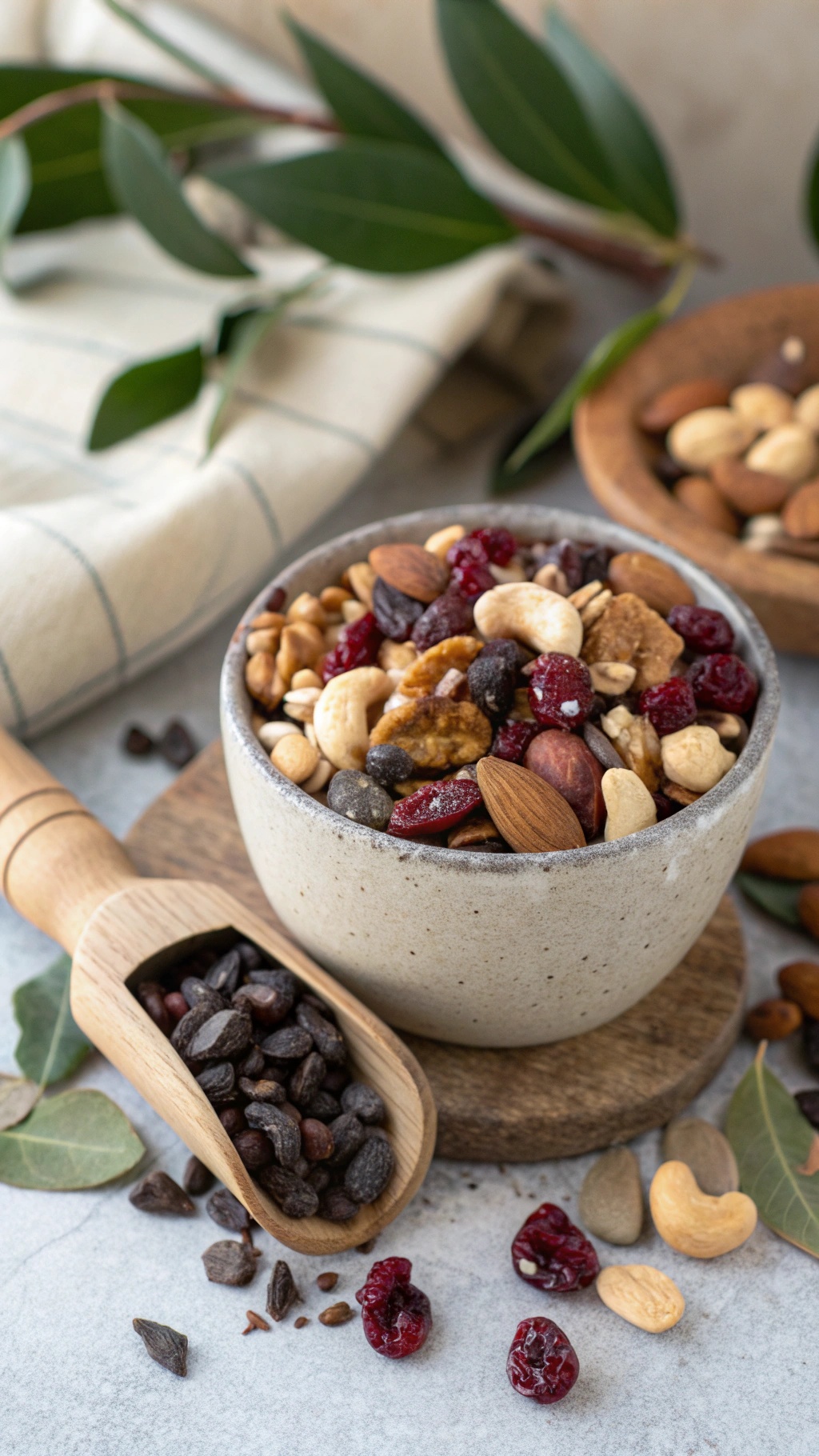A bowl of crunchy trail mix with nuts and dried fruit, surrounded by a wooden scoop and additional nuts.
