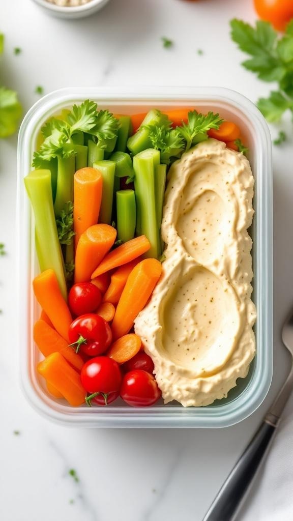 A bento box filled with colorful veggies and hummus, perfect for a healthy lunch.