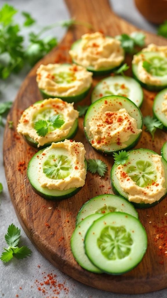 Cucumber slices topped with hummus, paprika, and cilantro on a wooden board.