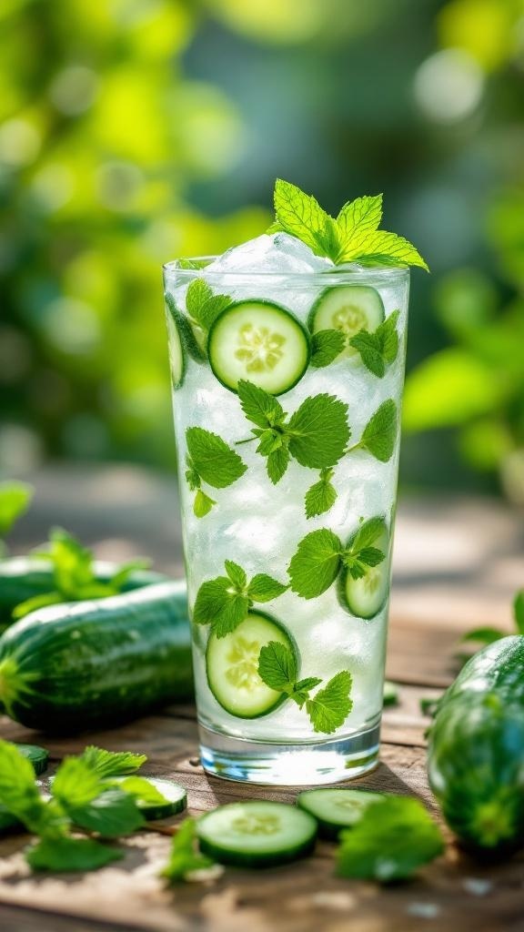 A refreshing glass of cucumber mint cooler with slices of cucumber and mint leaves