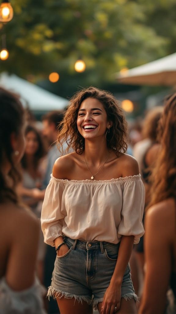 A woman smiling in a cute off-shoulder blouse and denim shorts, enjoying a summer day.