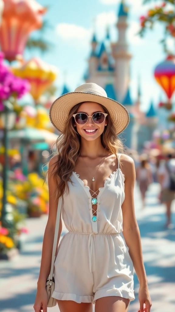 A woman wearing a cute romper and sun hat at Disneyland, smiling with a castle in the background.