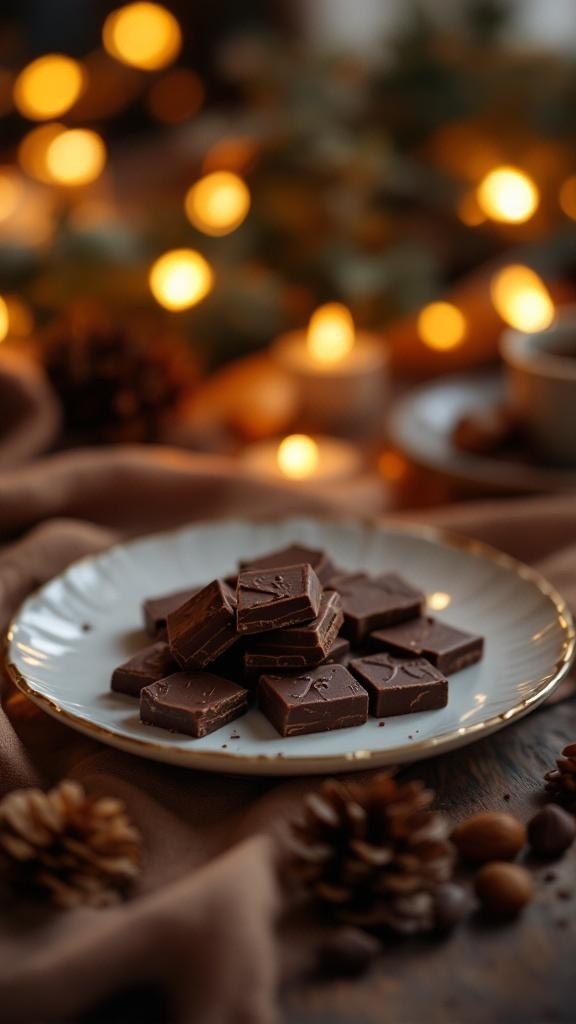 A plate of dark chocolate squares with warm lights in the background