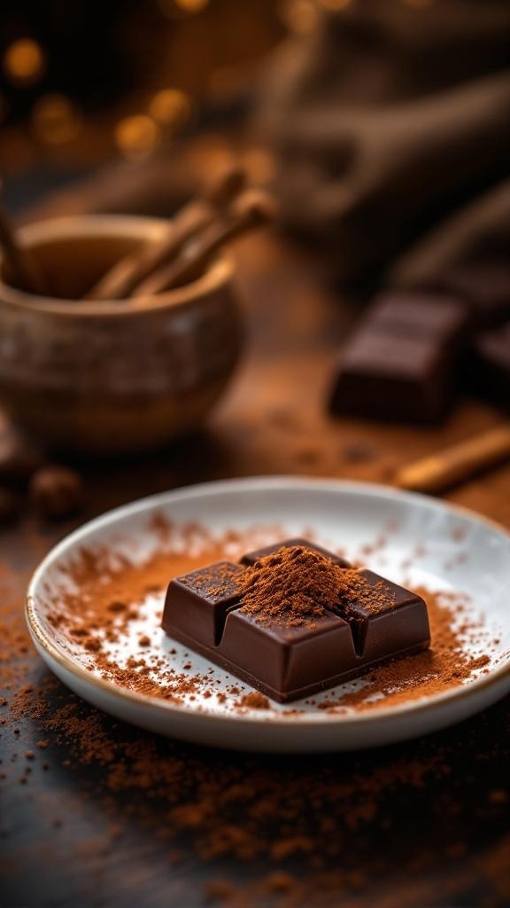 A piece of dark chocolate dusted with cocoa powder on a white plate, with a rustic background.