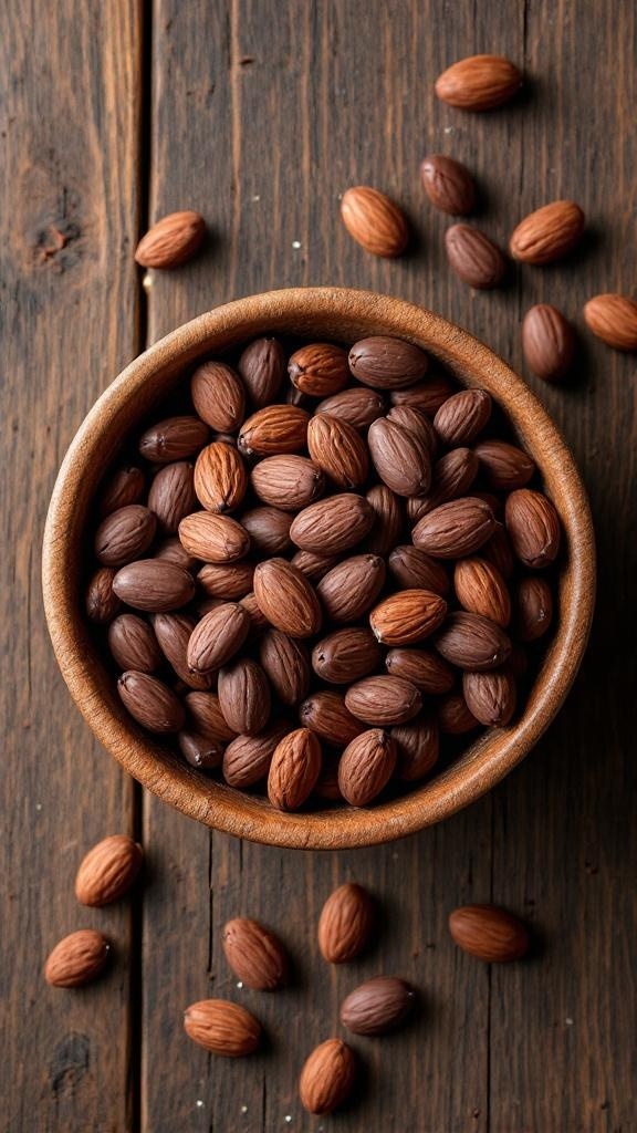 A bowl filled with dark chocolate covered almonds on a wooden table.