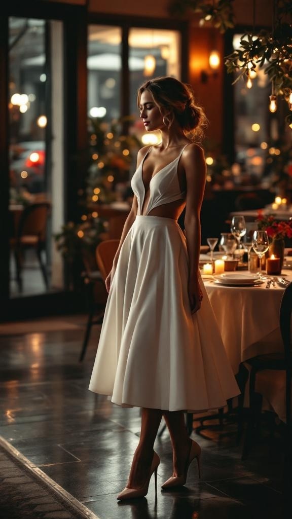 A woman in a white midi skirt and chic top, standing in a stylish restaurant setting.
