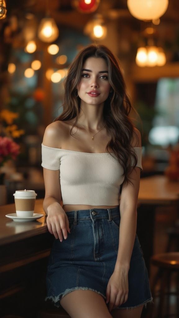 A woman in a fitted top and denim skirt, sitting at a cafe with a coffee.