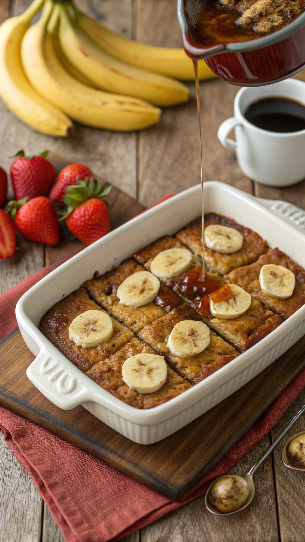 A delicious banana bread breakfast casserole topped with banana slices and drizzled with syrup, with fresh bananas and strawberries in the background.