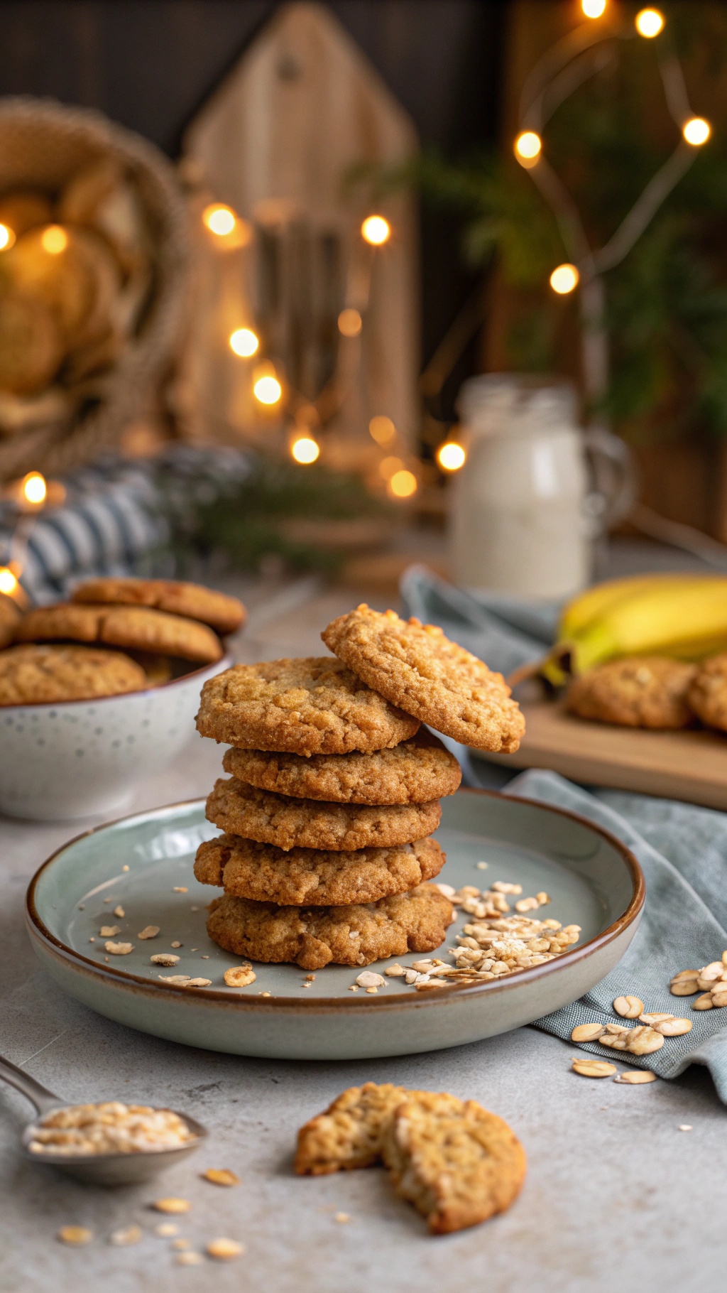 A stack of banana oatmeal cookies on a plate with oats scattered around, a banana, and a glass of milk in the background.