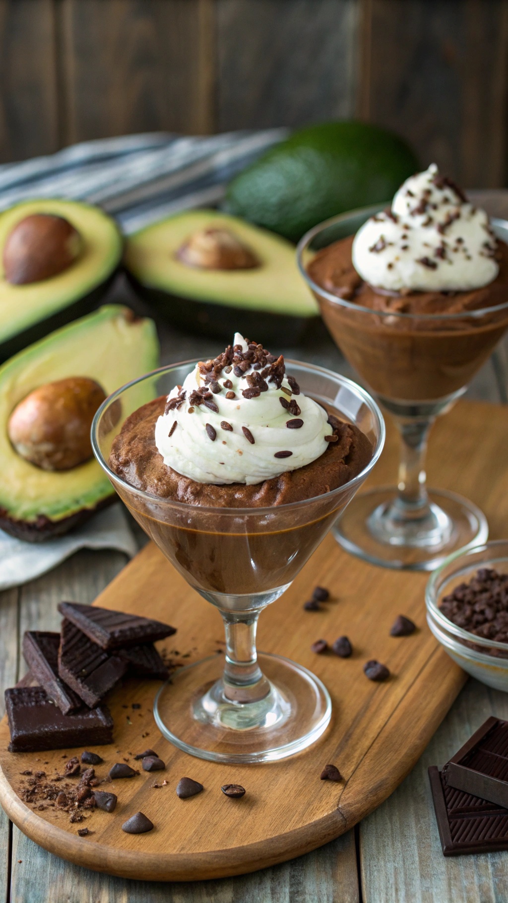 Chocolate avocado mousse served in elegant glasses, topped with whipped cream and chocolate shavings, with avocados in the background.