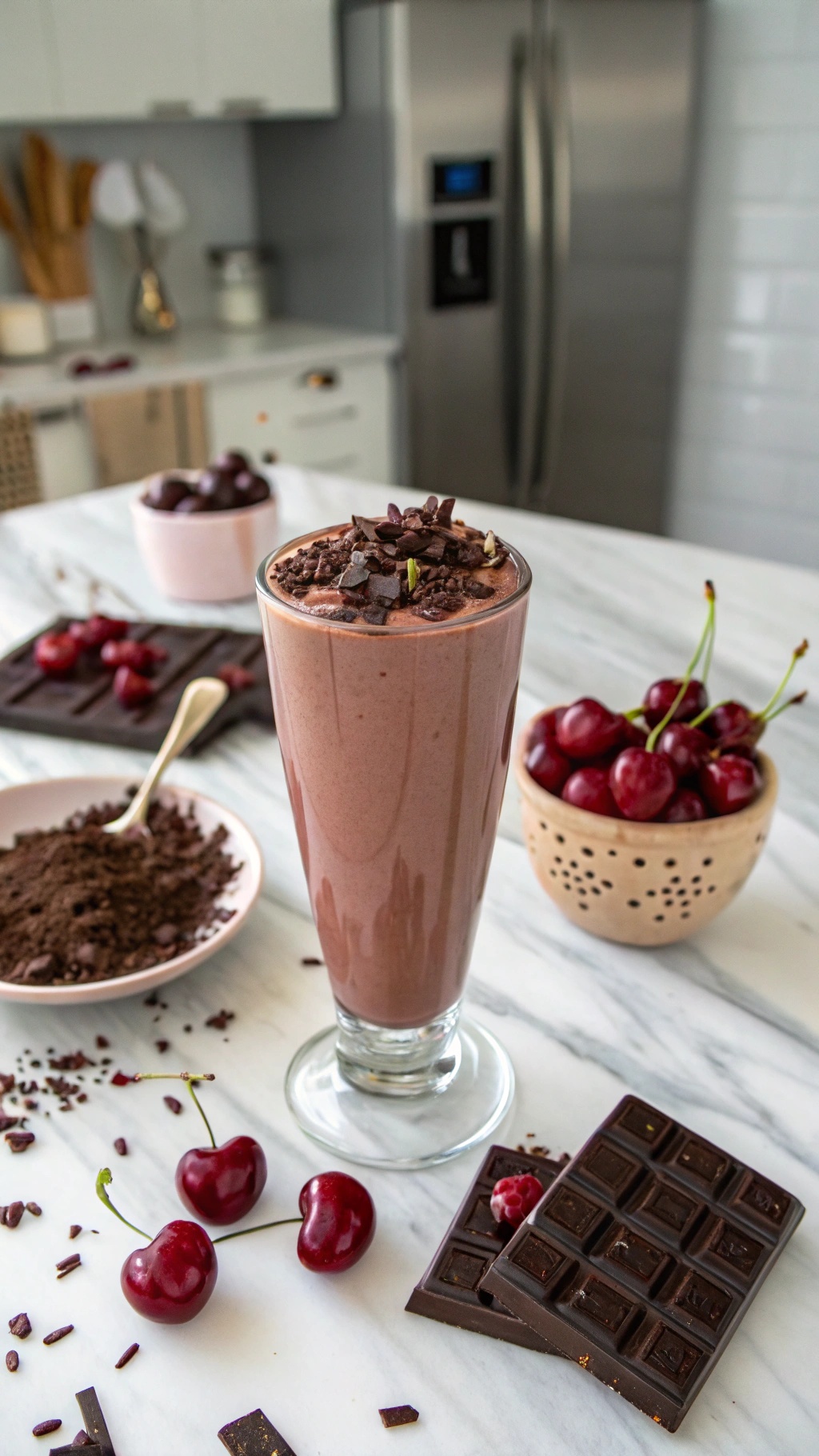 A tall glass of chocolate cherry smoothie topped with chocolate shavings and fresh cherries, with ingredients like cocoa powder and dark chocolate in the background.