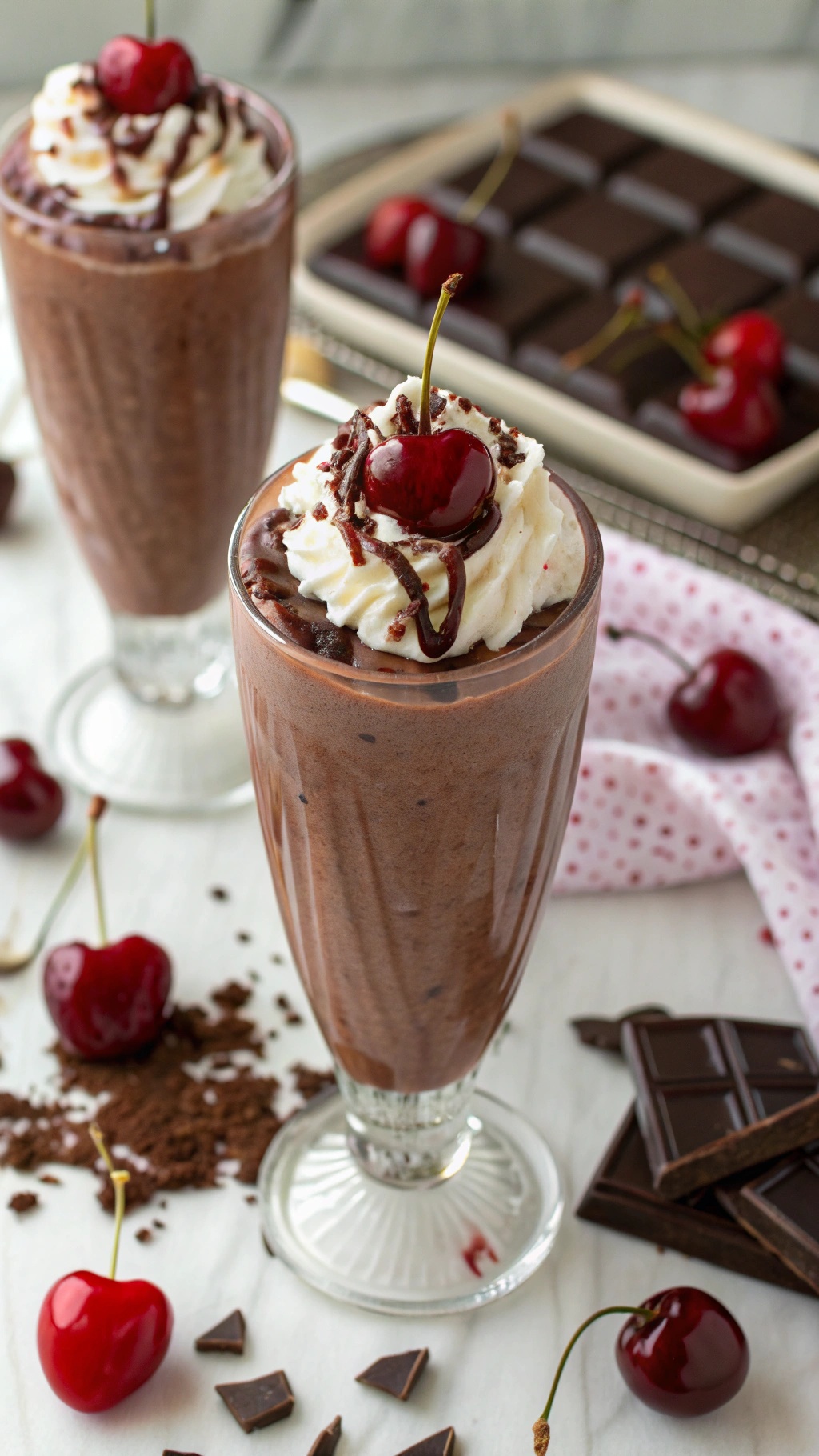 A delicious chocolate cherry smoothie topped with whipped cream and a cherry, surrounded by chocolate pieces and cherries.