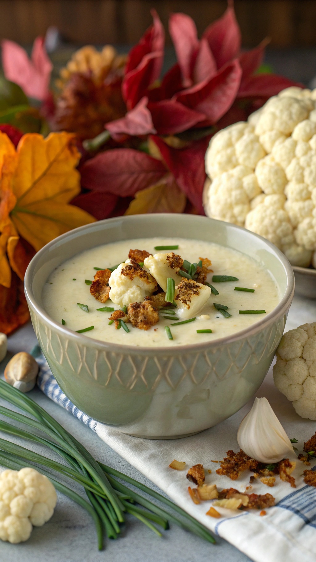A bowl of cream of cauliflower soup topped with roasted cauliflower and chives, surrounded by autumn leaves and garlic.